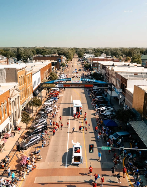 Drone view of downtown Le Mars during Ice Cream Days parade.